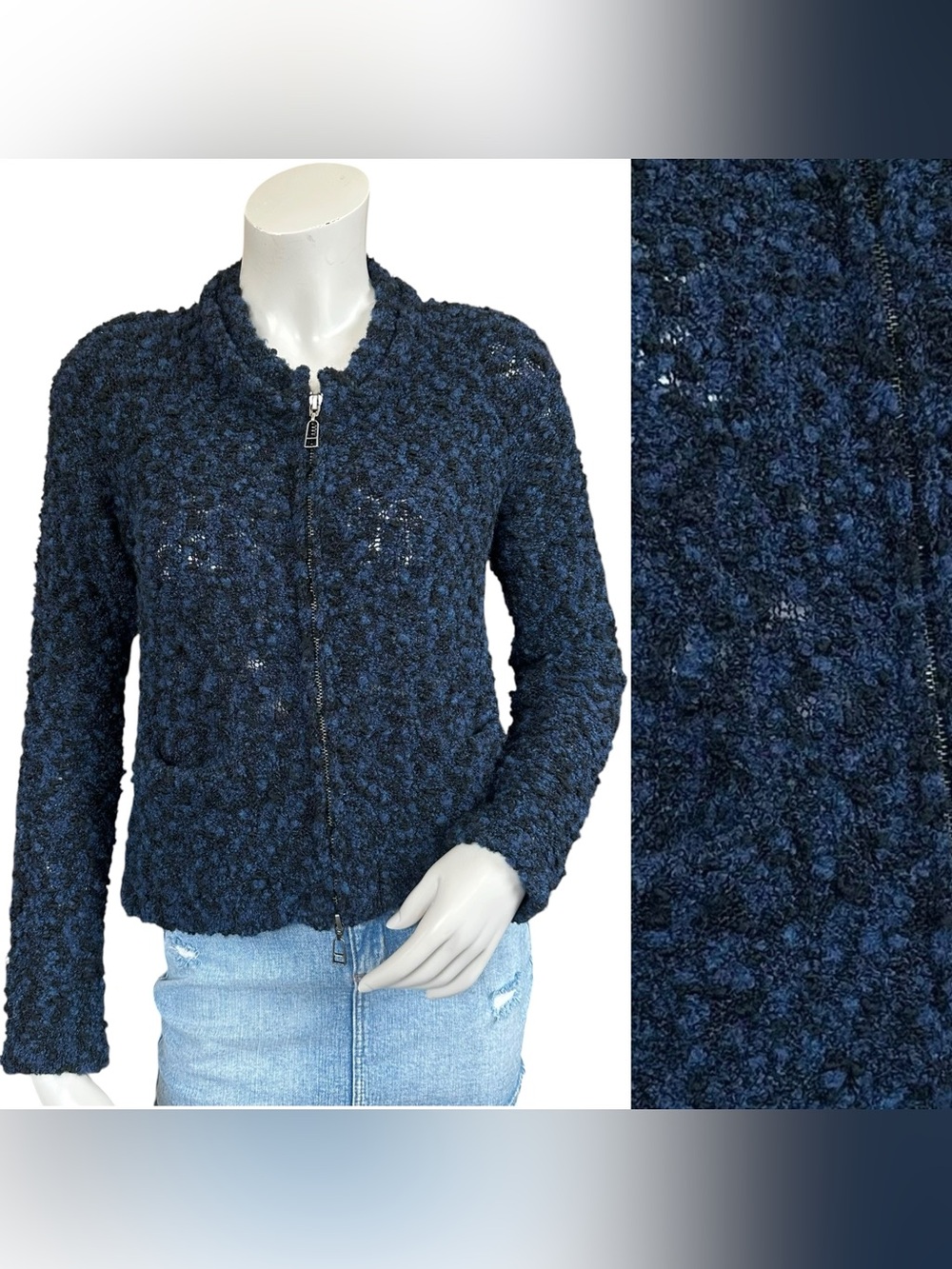 See by Chloe Blue & Black Chunky Knit Wool Blend Zip Up Sweater Jacket Size US 6